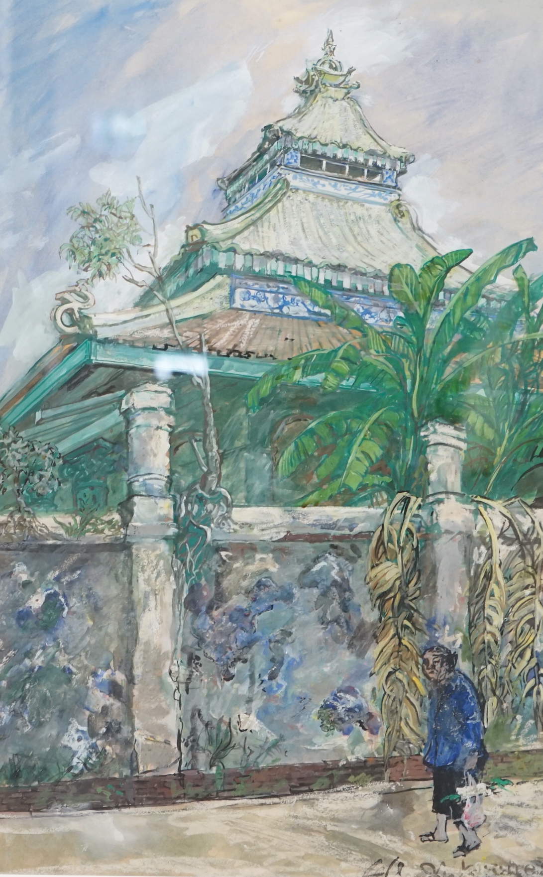 Christopher Clairmonte (1932-2012), mixed media and gouache, Oriental landscape with figures before a pagoda, signed, 52 x 33cm